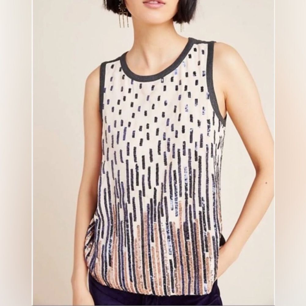 Tiny x Anthropologie Sequin Embellished Tank Top XS Neutral Black Gold 18”PTP